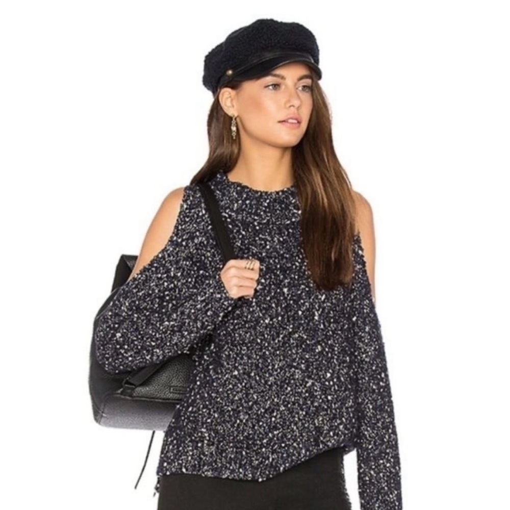 Rebecca Minkoff Navy Speckled Boucle Cold Shoulder Sweater